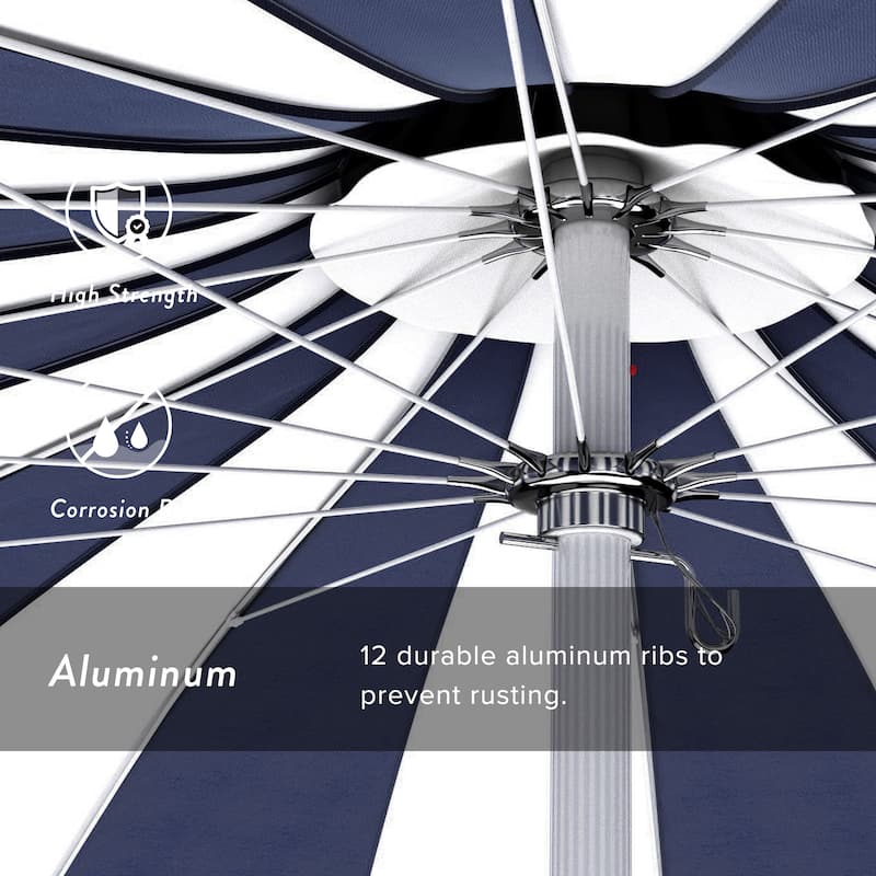 California Umbrella 8.5' Pagoda Series Patio Umbrella White Aluminum Pole Push Lift Sunbrella Natural and Pacific Blue