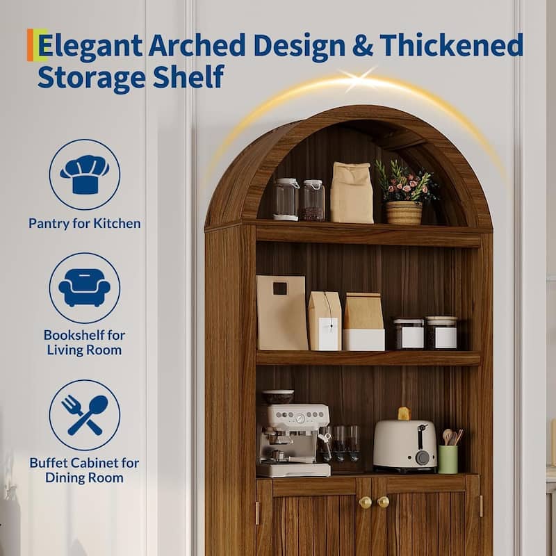 72 in 5-Tier Freestanding Arched Bookcase, Pantry Cabinet for Living Room, Office, Kitchen