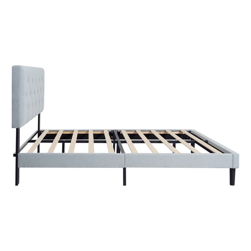 Queen Size Upholstered Platform Bed Frame with Button Tufted Linen Fabric Headboard, No Box Spring Needed, Wood Slat Support