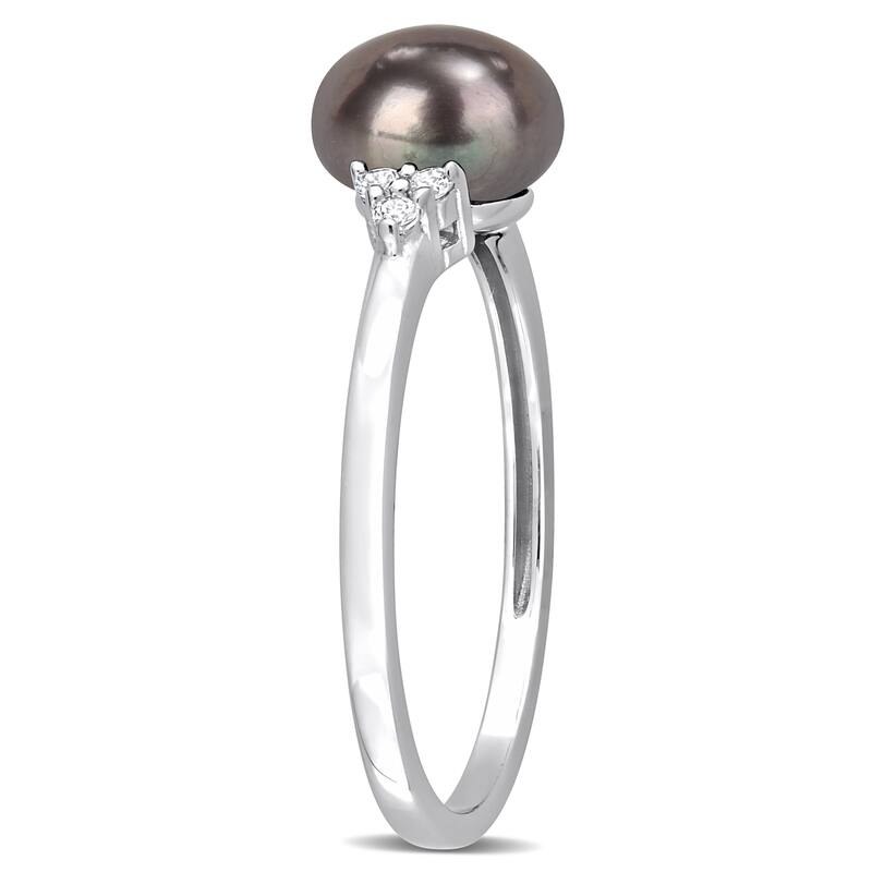 Miadora 7.5-8mm Black Cultured Freshwater Pearl and 1/5ct TGW White Topaz Cocktail Ring in Sterling Silver