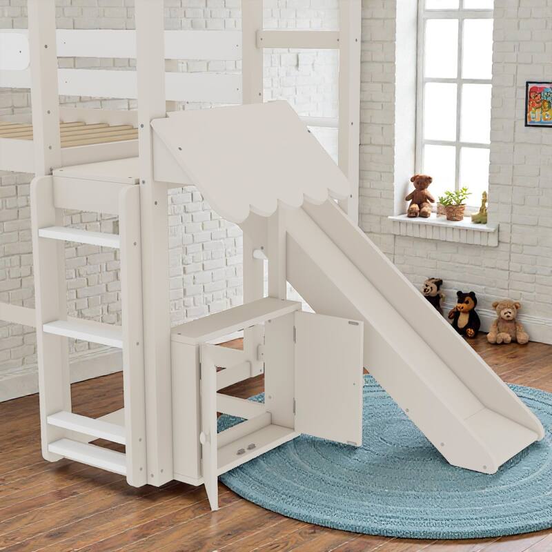 Twin Loft Bed with Slide and Bookshelf, Kids House Bed with Stairs, Safety Rails, Playful Design