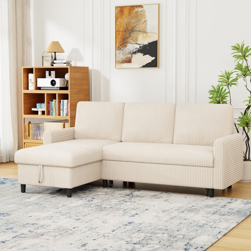 Futzca Convertible Corduroy Sofa Bed with Storage, L-Shaped Sectional Couch - White