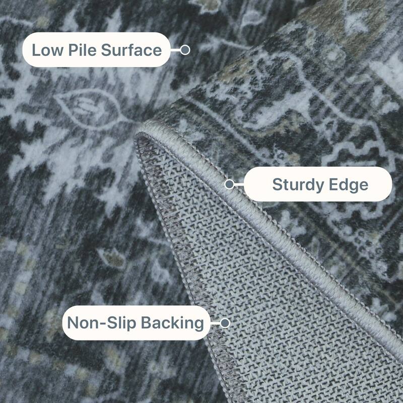 Mcow Grey Floral Low Pile Machine Washable Non-Slip Area Rug