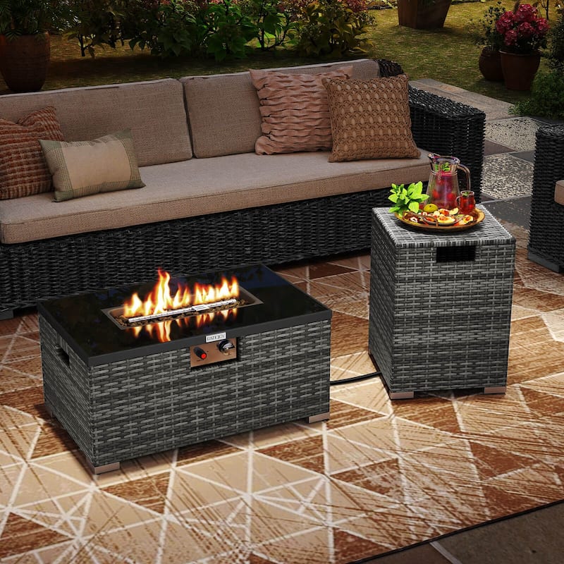 Costway 2 PCS Outdoor Rattan Fire Table Set with Tank Cover Tempered - See Details
