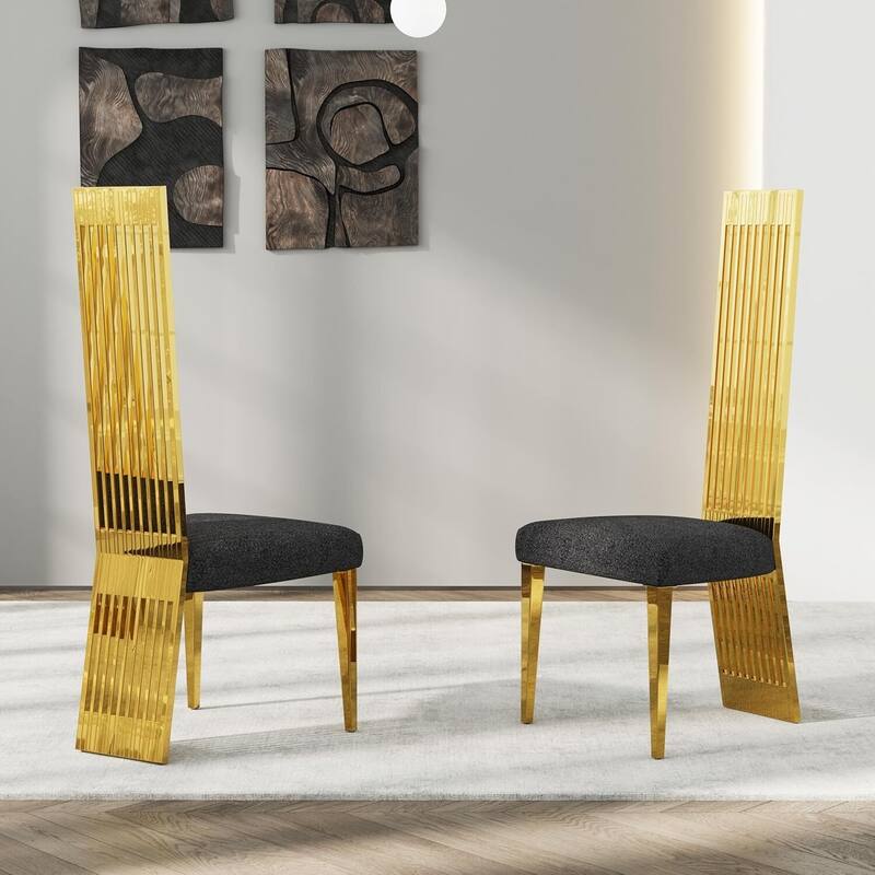 Modern Luxury Boucle Dining Chairs with High Back Design and Metal Legs - Black Gold - Set of 2