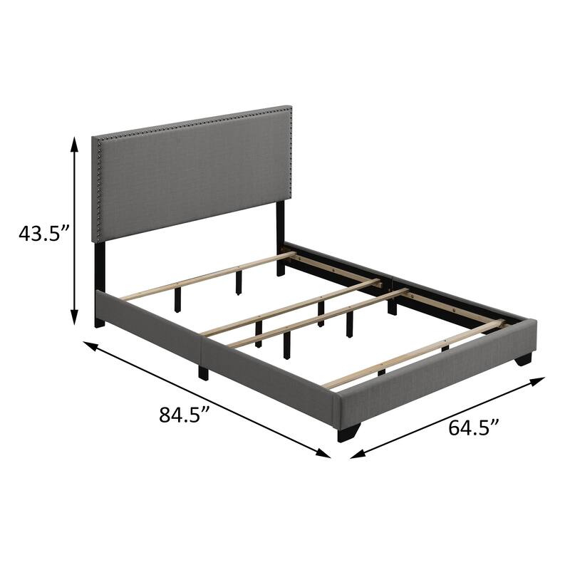 Light Grey Upholstered Queen Panel Bed with Nailhead Trim and Wooden Legs