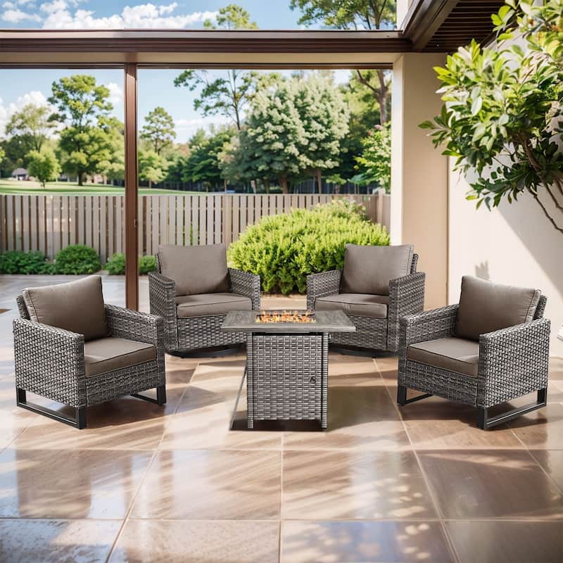 Outdoor Pocassy Glider Chairs Patio Chairs with Fire Table - Grey Wicker Grey Cushion - 5 Pieces Patio Chairs