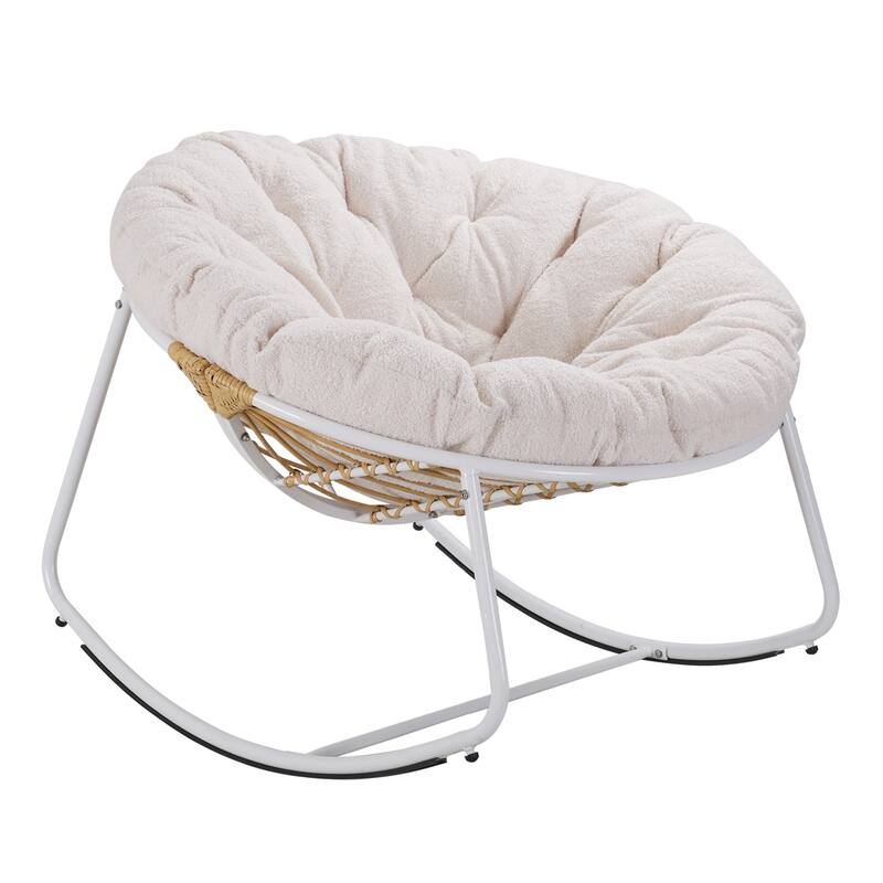 Outdoor Padded Cushion Rocking Chair, Oversized Metal Frame Egg Chair - Beige