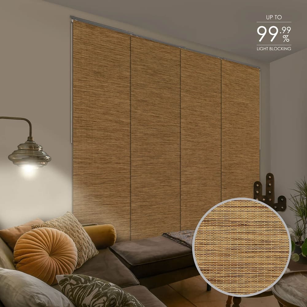GoDear Design 99.99% Blackout & Sheer Natural Woven Adjustable Sliding Panel Track Blinds, Vertical Blinds, 45.8"- 86" W x 96" L