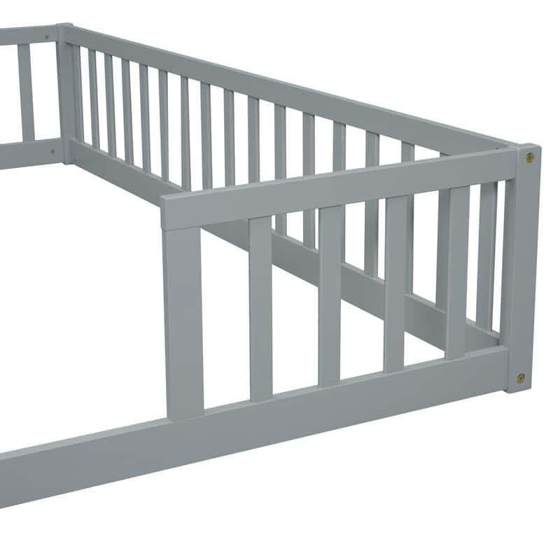 Twin Size Wood Double Floor Bed with Guardrails For Toddlers