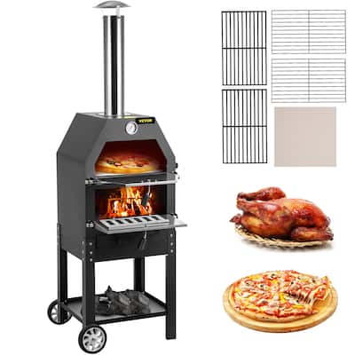 VEVOR Outdoor Pizza Oven 12'' Portable Charcoal Wood Fired Machine 2-Layer Pizza Oven & Pizza Stone with Wheels for Camping