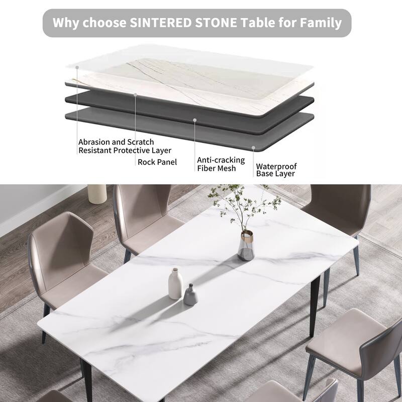 70.87" modern artificial stone white straight edge black metal leg dining table-can accommodate 6-8 people