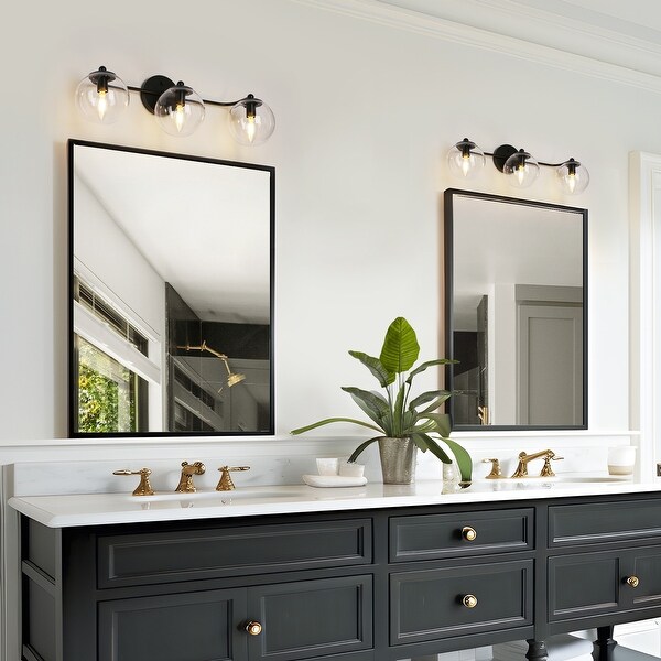 Modern 3 Light Black Bathroom Vanity Lights Linear Fixtures with Clear Triple globe Glass Shades Wall Sconces for Bathroom 24.5 L x 7.5 W x 8 H