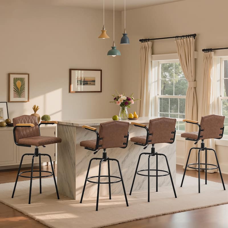 VECELO Set of 2/4 Brown PU Leather Swivel Bar Stools Comfortable Swivel Bar Stools with Footrest Fixed Height Tufted Bar Stools - Tan - Set of 4