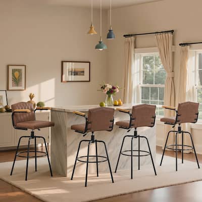 VECELO Set of 2/4 Brown PU Leather Swivel Bar Stools Comfortable Swivel Bar Stools with Footrest Fixed Height Tufted Bar Stools