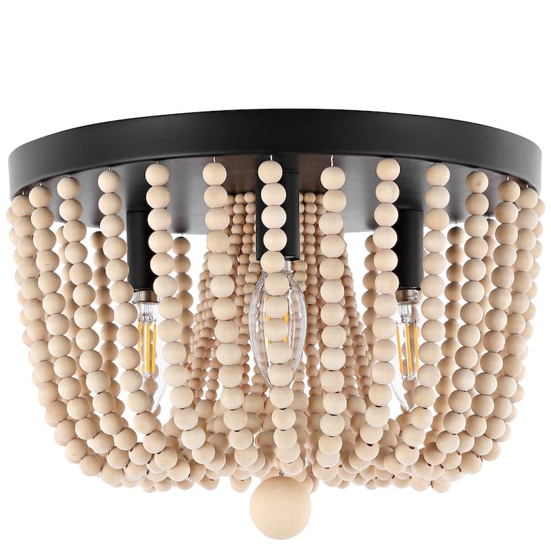 Amelie 13" 3-Light Coastal Farmhouse Iron/Wood Bead LED Flush Mount, Oil Rubbed Bronze by JONATHAN Y - 3 Light