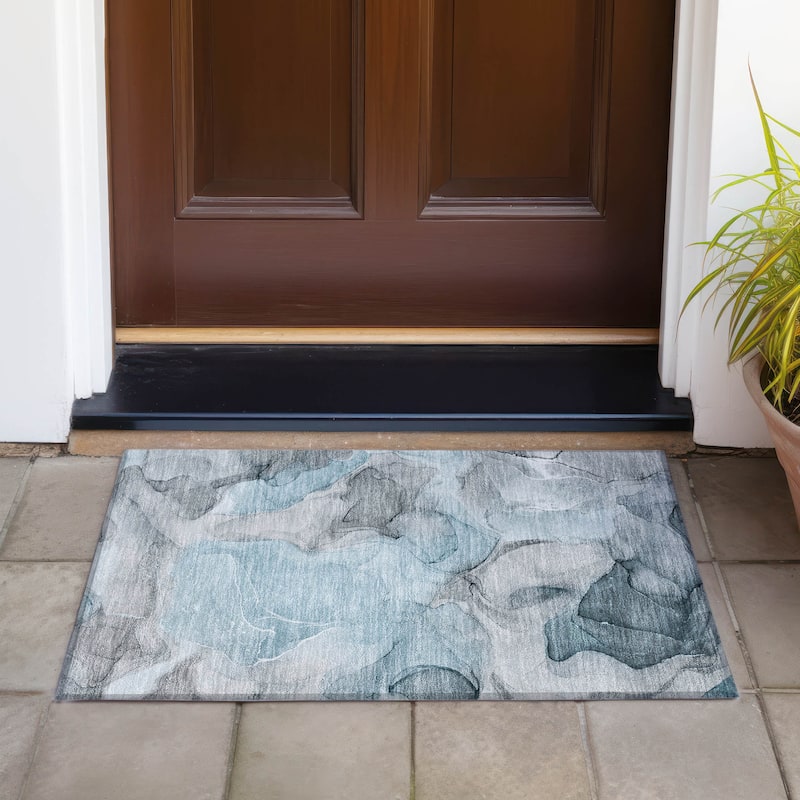 Machine Washable Indoor/ Outdoor Chantille Watercolor Teal Rug - Teal - 1'8" x 2'6"
