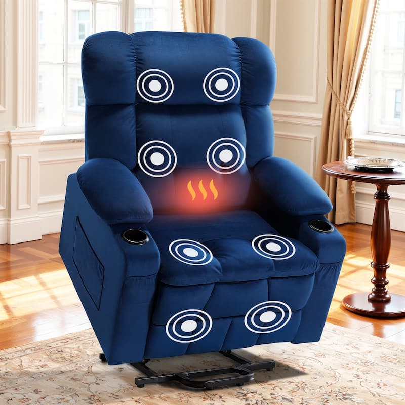 35" Wide Quiet Lift Velvet Recliner w/Massage and Heat - Blue