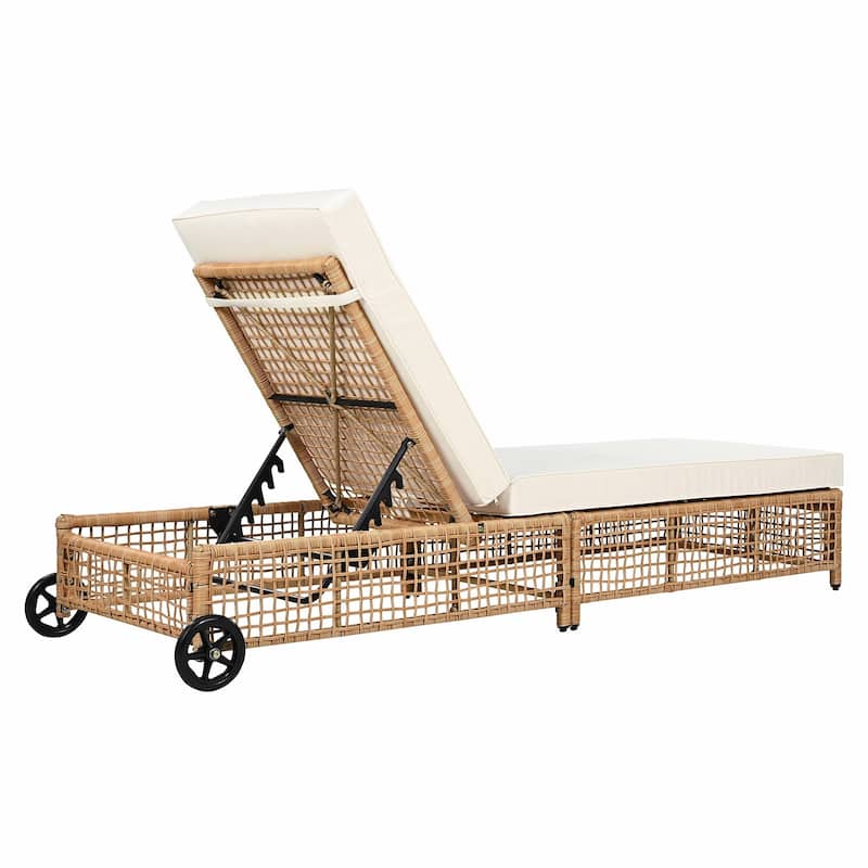 Outdoor Lounge Chair - Rattan Patio Chaise Lounge with 5-Position Backrest, Cushion, and Wheels