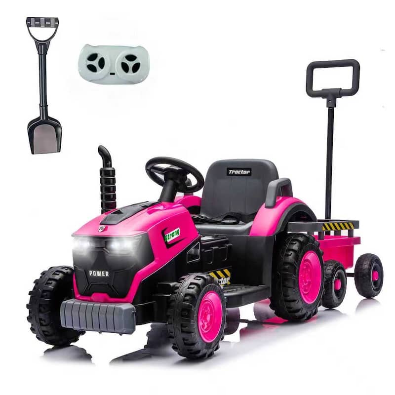 12V Kids Electric Ride-On Tractor with Trailer for Ages 3-6, LED Lights & Music - Pink