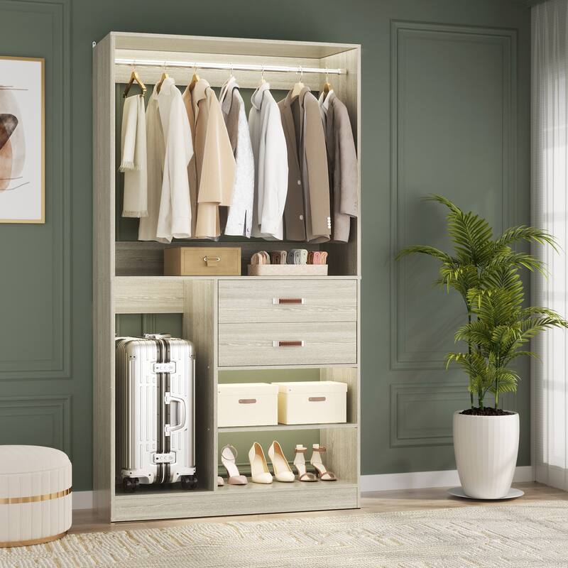 Vryon 40''W Freestanding Closet Organizer with Hanging Rod, Closet System Wardrobe with Wood Drawers