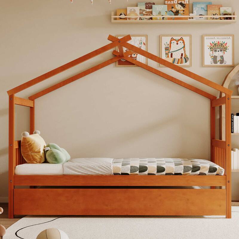 Solid Wood House Platform Bed Frame with Trundle Bed and Roof - Walnut - Twin