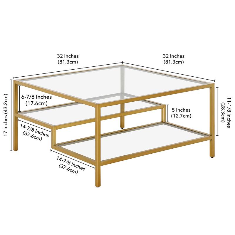 32-Inch Glass Square Coffee Table with Steel Base and Storage Shelves - 32” x 32” x 17”