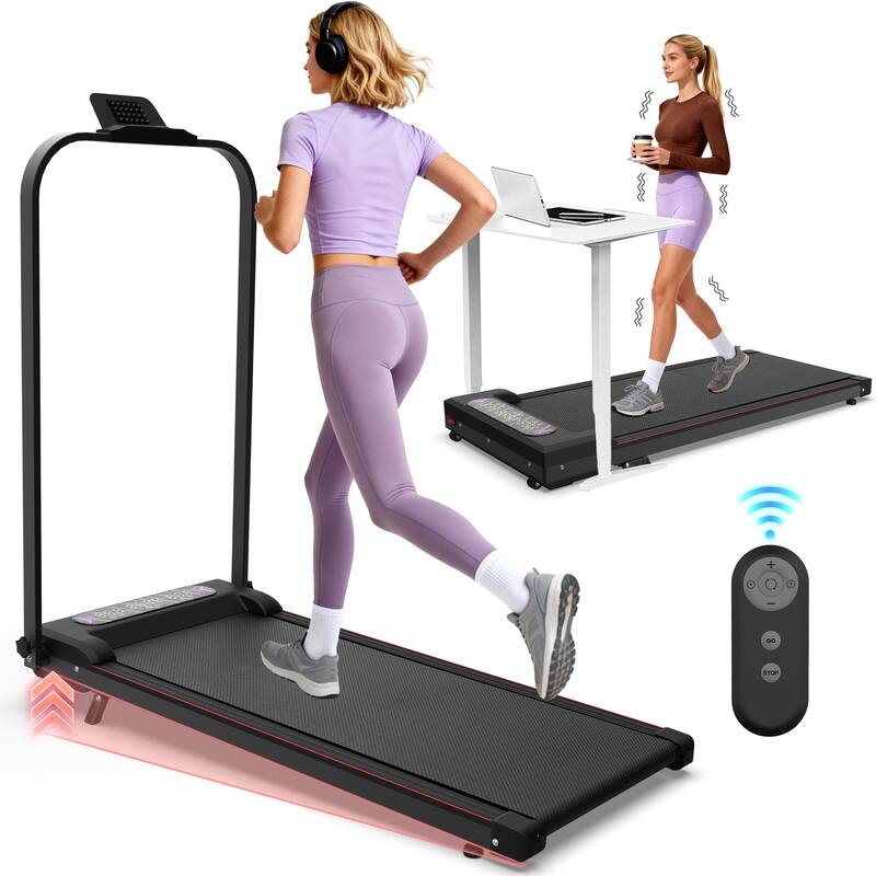 Foldable Treadmill with Handle Bar Incline, 2 in 1 Upgrade Portable Under Desk Walking Pad and Vibration Pad with Remote Control - Black