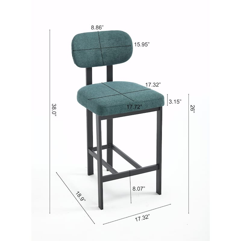 Bar Stools Set of 2, 26 Inch Modern Upholstered Fabric Counter Height Barstools