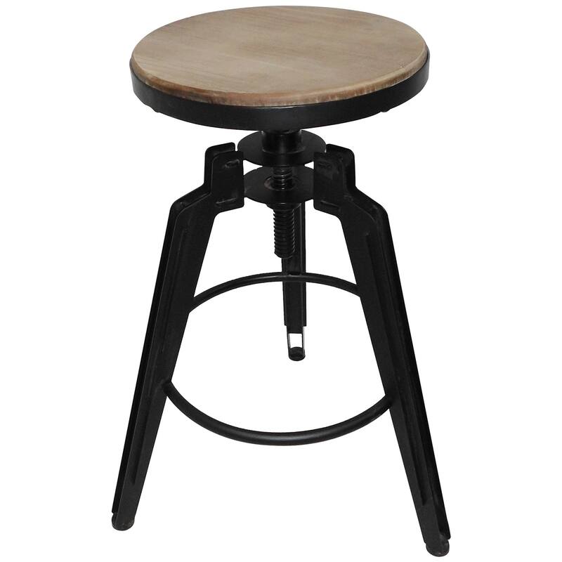 HomeRoots Set of Two Natural and Black Iron and Wood Backless Adjustable Height Swivel Bar Chairs