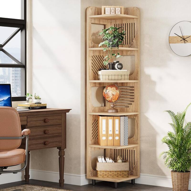 6-Tier Corner Shelf, Rustic Tall Corner Bookshelf for Living Room, Bedroom, Office
