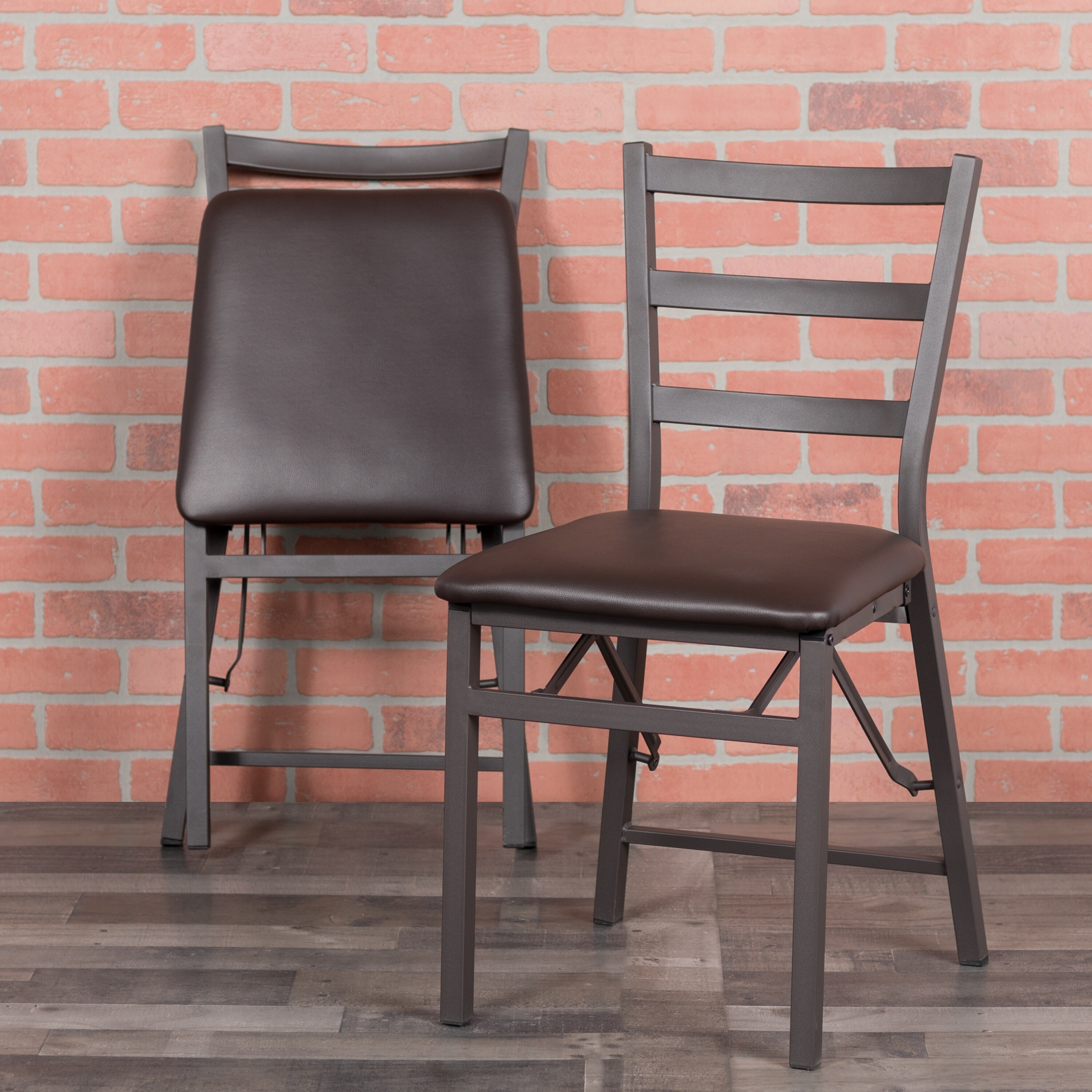 Shop 2pk Brown Folding Ladder Back Metal Chair Brown Vinyl Seat Dining Furniture Overstock 26299190