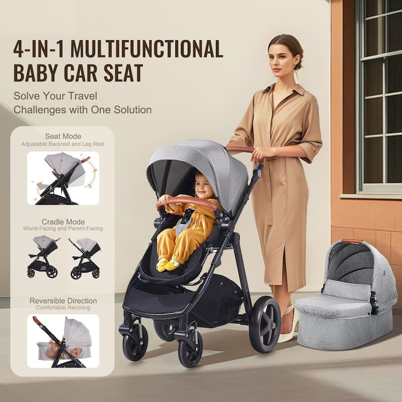 Oxford Aluminum Stroller with Bassinet and Adjustable Canopy - 35.4” L x 25.8” W x 43.9” H