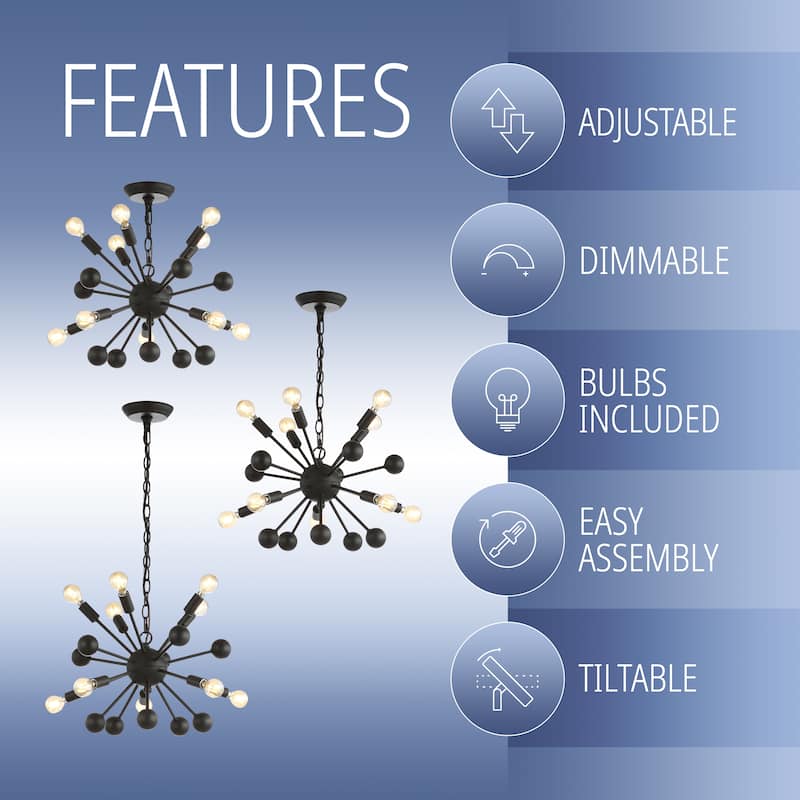 Lotus 19.5" 10-Light Adjustable Iron Modern Industrial Sputnik LED Chandelier, Black by JONATHAN Y