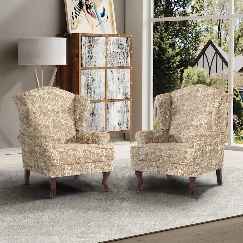 2 Set Traditional Wingback Accent Chairs Upholstered Armchair - Paisley Sand