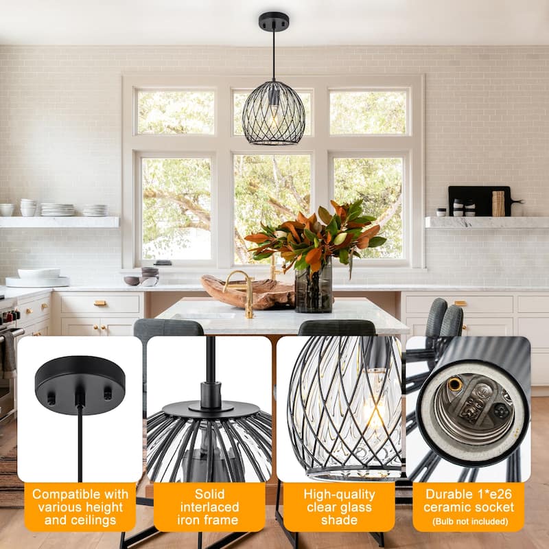 Modern Matte Black Pendant Light with Globe Glass & Wire Cage Kitchen - Dia.8.66-in