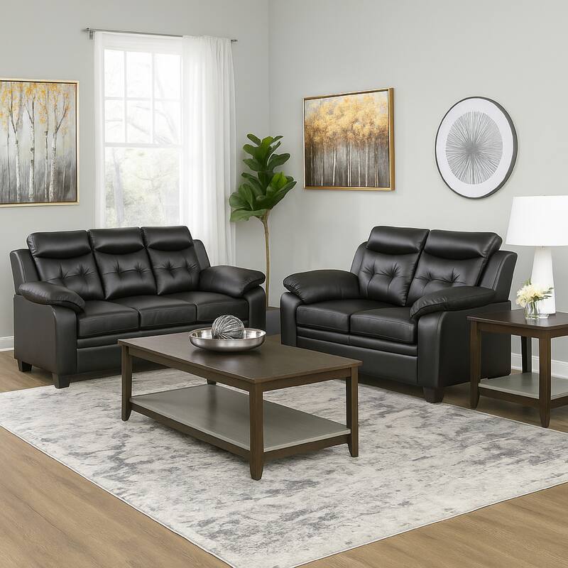Finie 2 Piece Sofa and Loveseat Set, Black Faux Leather, Soft Foam