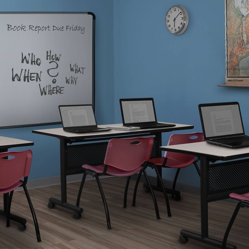 72" x 24" Flip Top Mobile Training Table with Modesty Panel- Maple and 2 "M" Stack Chairs- Burgundy