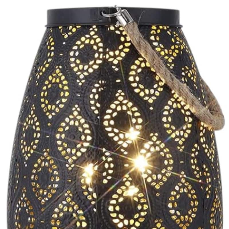 HomeRoots 8" Black Metal Battery Operated Pierced Geometric Lantern - 6.30 in. x 7.87 in. x 6.30 in.