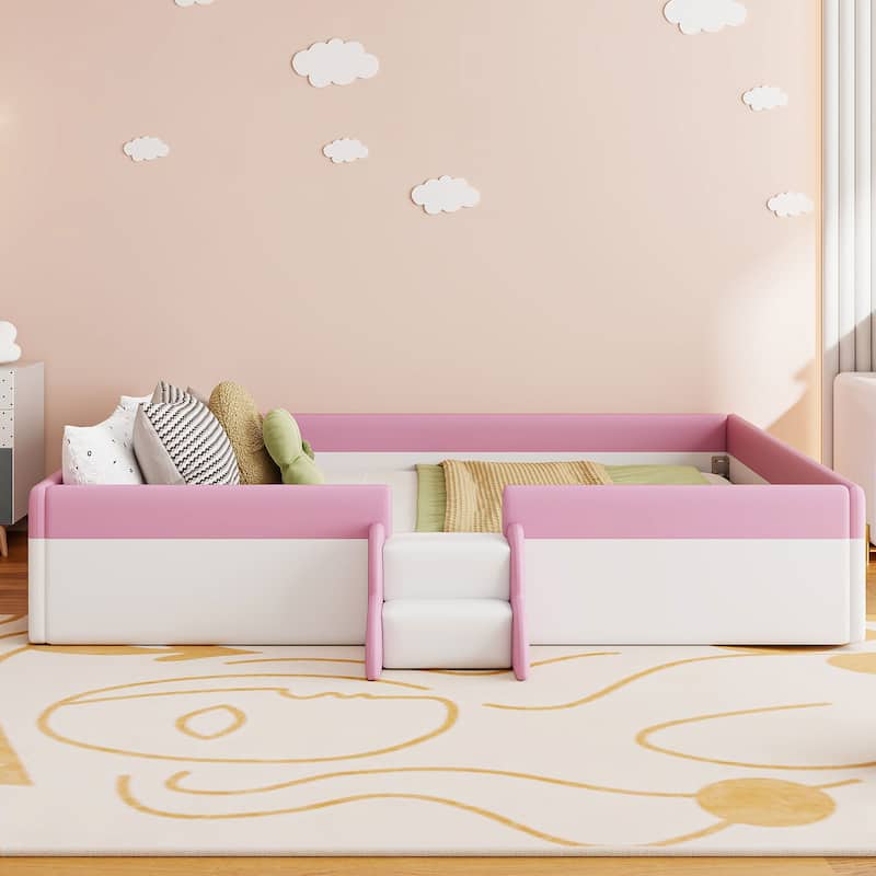 Upholstered Daybed with Fence and Stairs,A Fun and Comfortable Addition - Pink+White-King Size