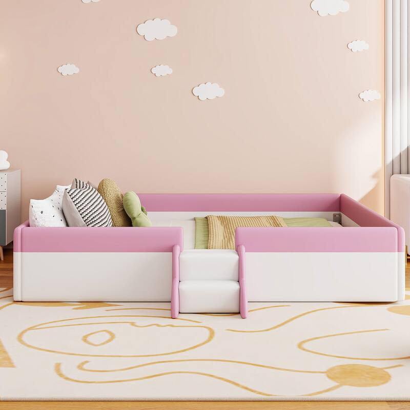 Upholstered Floor Bed Fence Bed Slat Platform Bed with Fence and Second Level Ladder, Anti-collision Frame for Kids Toddler