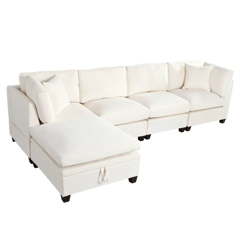 127.6" Polyester Modular Sectional 5-Seat L-Shaped Sofa with Storage Ottoman and Hidden Cup Holders