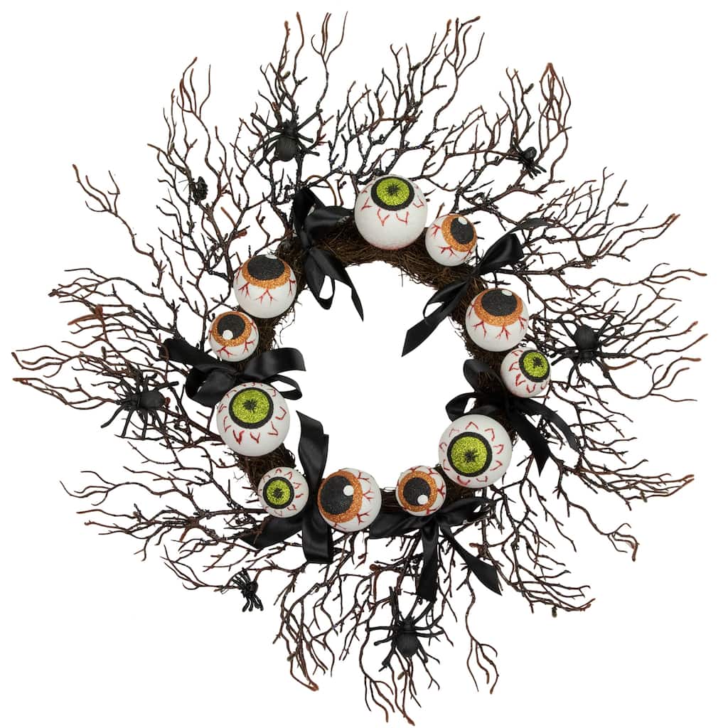 Eyeballs and Spiders Halloween Twig Wreath 24-Inch Unlit