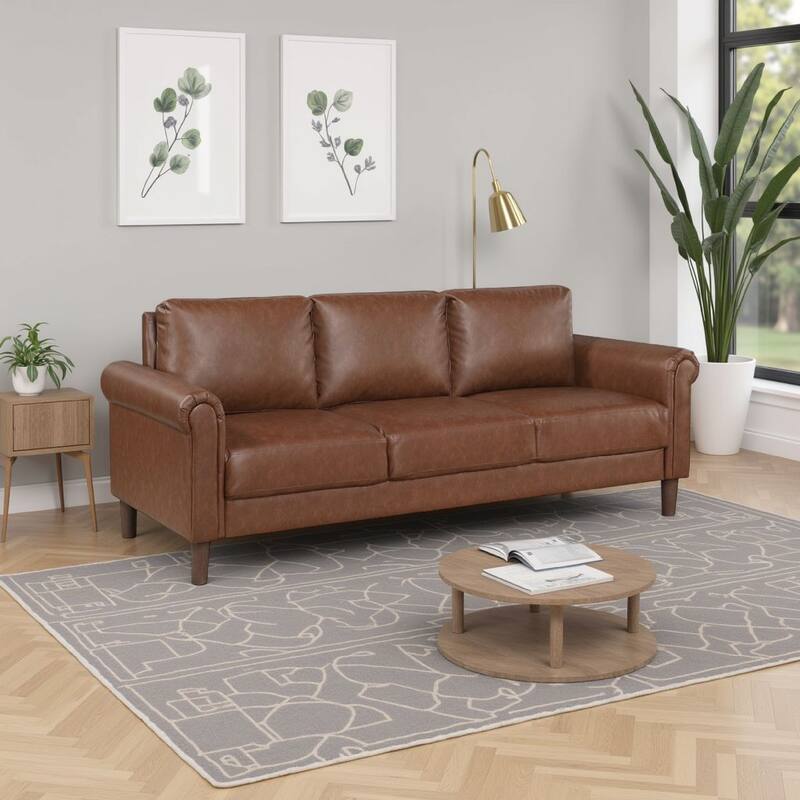 Lo Sofa w Rolled Arms, Mid Century Dark Brown Faux Leather 79 Inch