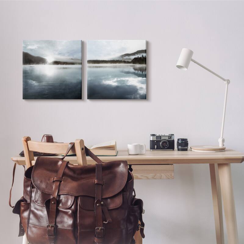 Stupell Misty Morning Lake Water Landscape Tree Forest Mountains 2pc Multi Piece Canvas Wall Art Set - White