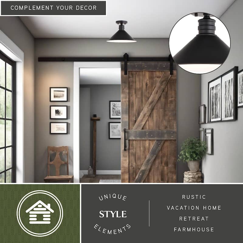 Akron 12-in W Bronze Metal Industrial MCM Cone Semi Flush Mount Ceiling Light - 12-in W x 8-in H x 12-in D