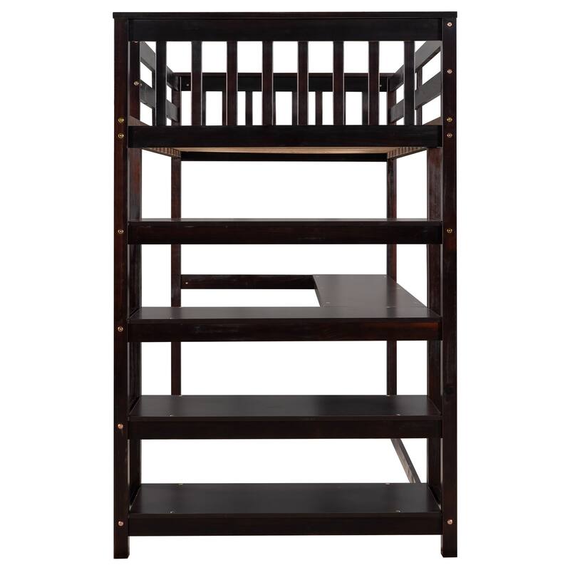 Full Size Loft Bed with Built-in Desk and Storage Shelves, White