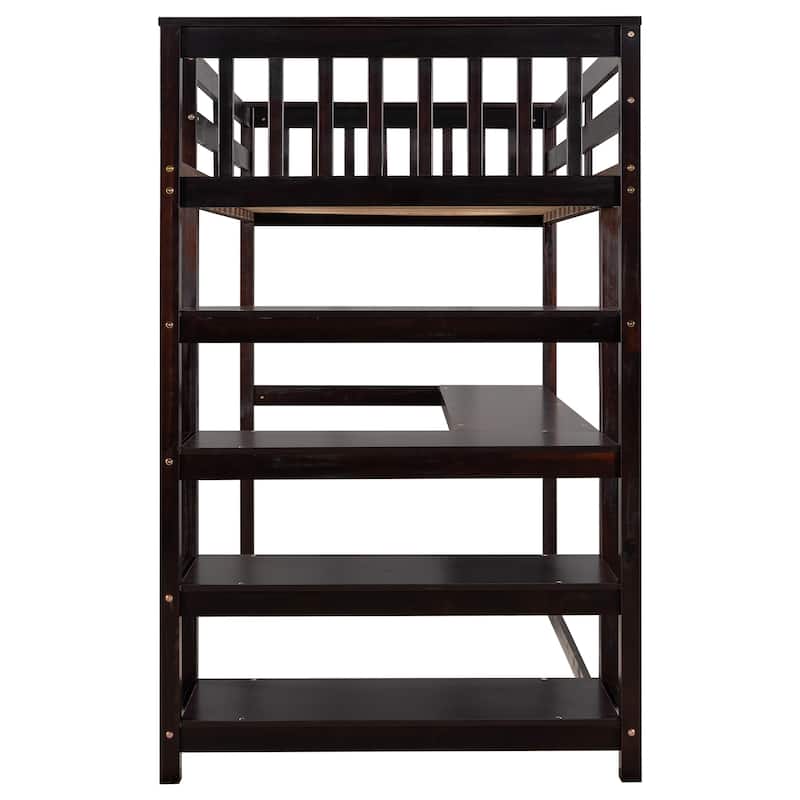 Twin Size Pine Loft Bed with Storage Shelves and Under-Bed Desk