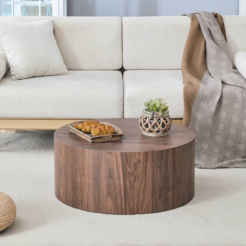 Round Wood Coffee Table 27.5" Solid Drum Side Table for Living Room, Modern Cylinder Cocktail Table for Home Office