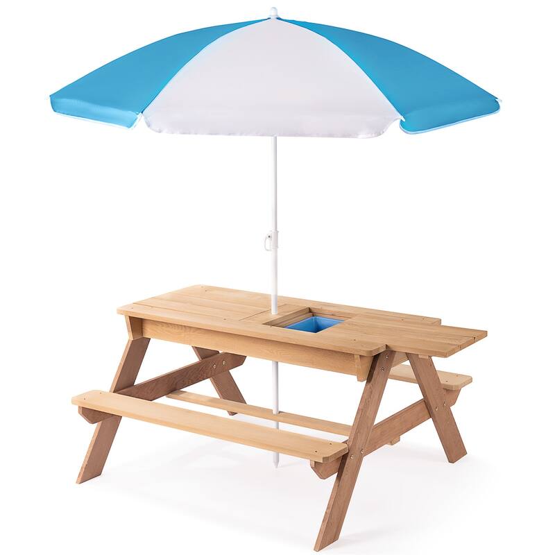 3-in-1 Kid Outdoor Wooden Picnic Table with Umbrella, Convertible Sand